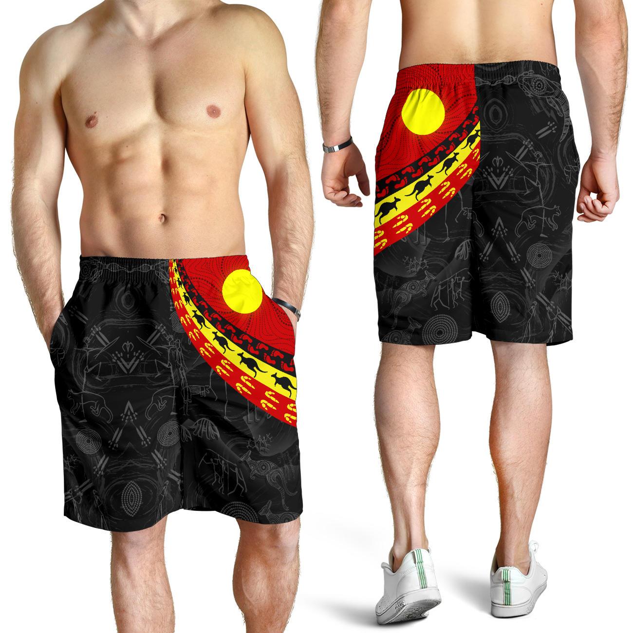 Aboriginal Men's Shorts, Indigenous Flag Circle Dot Painting - Vibe Hoodie Shop