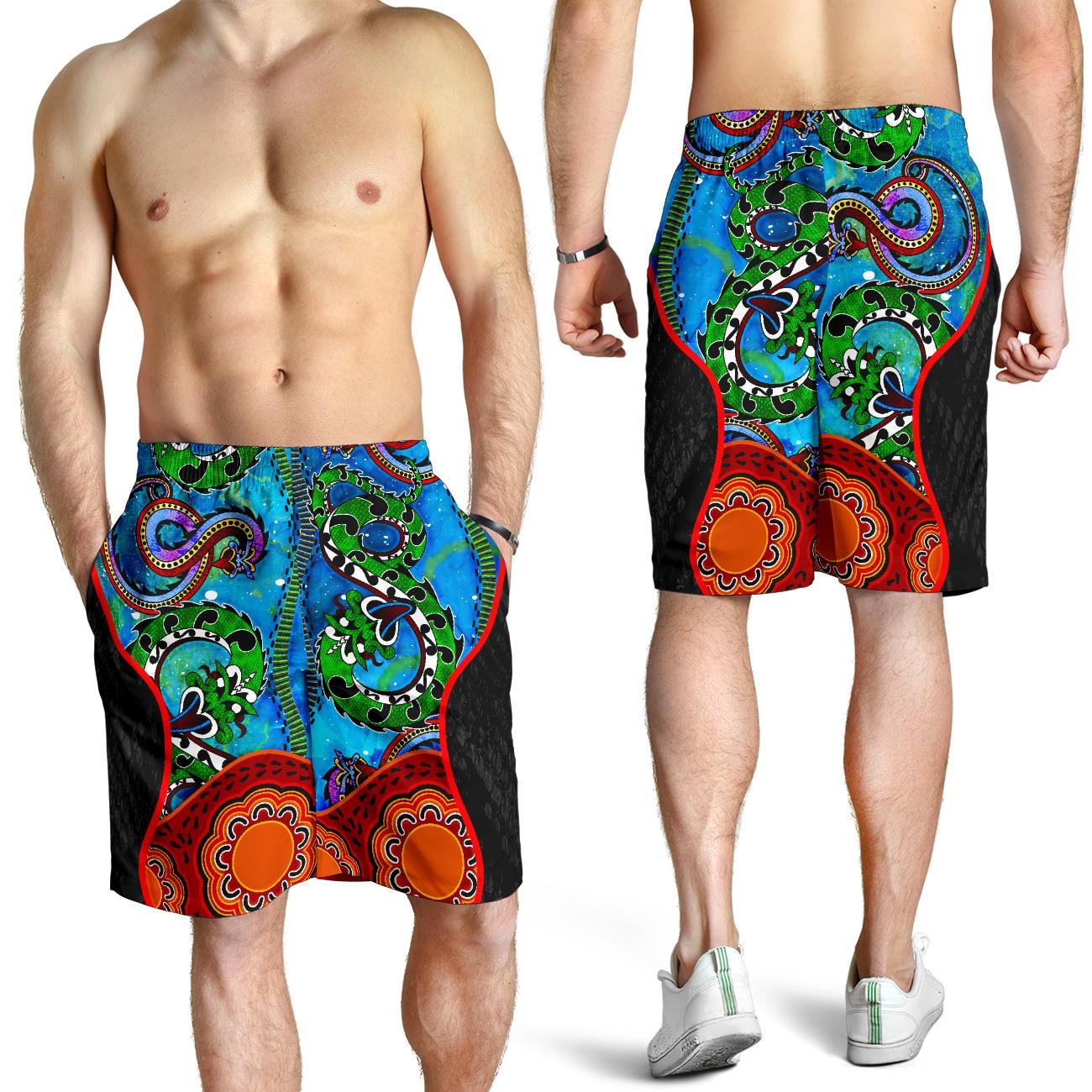 Aboriginal Men's Shorts - Aussie Indigenous Patterns Blue - Vibe Hoodie Shop