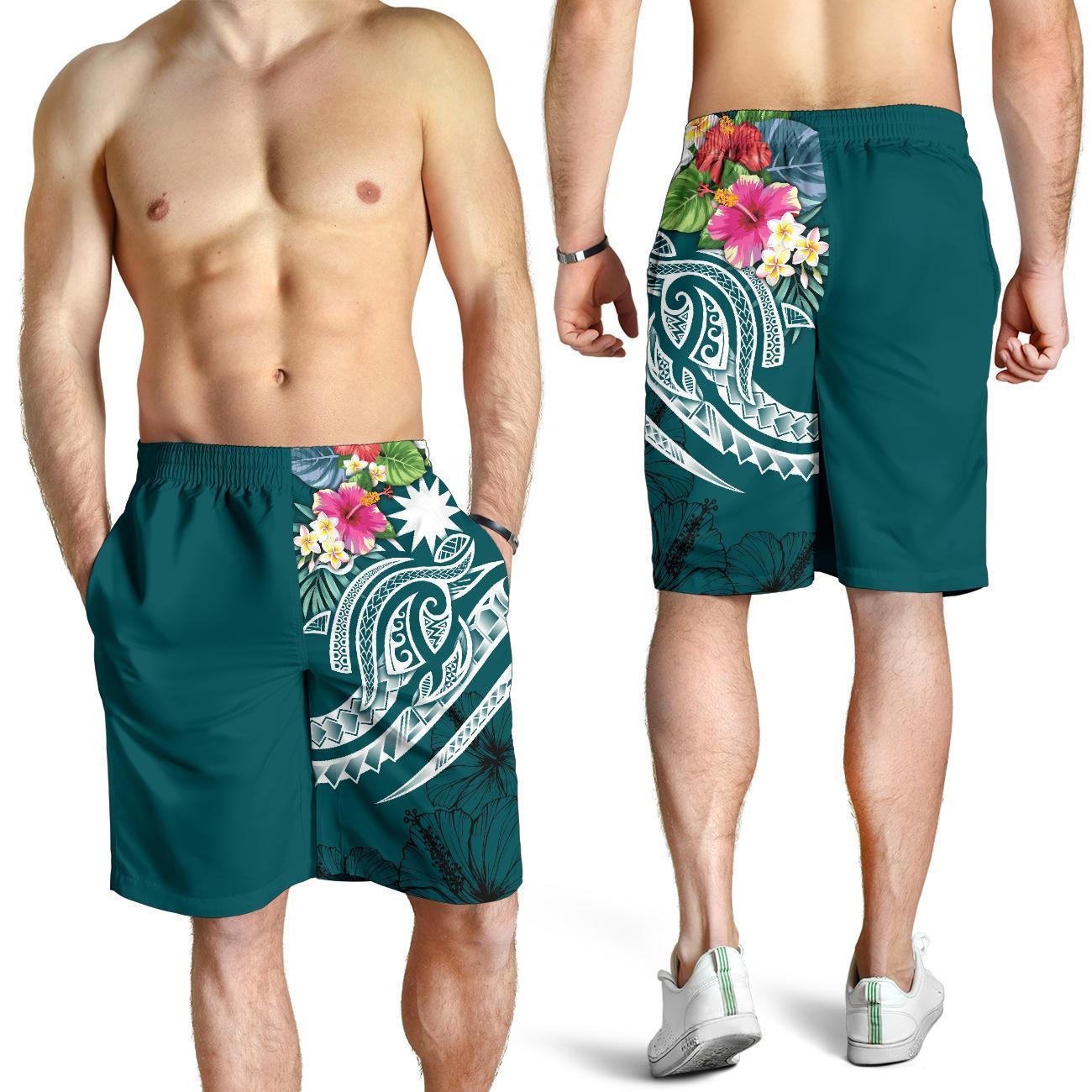 Nauru Polynesian Men's Shorts - Summer Plumeria (Turquoise) - Vibe Hoodie Shop