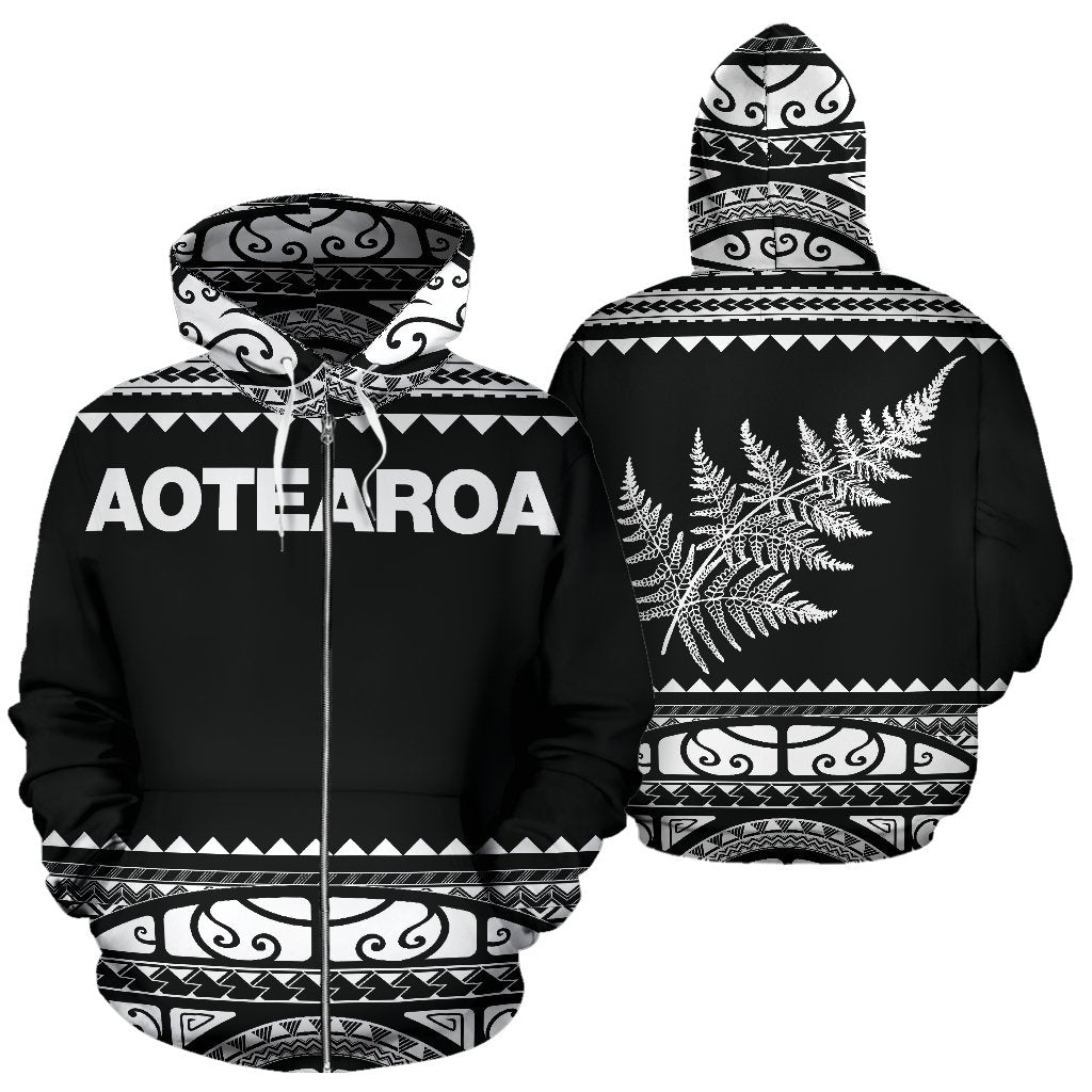 New Zealand Maori Zip Up Hoodie, Aotearoa Silver Fern Zipper Hoodie White - Vibe Hoodie Shop