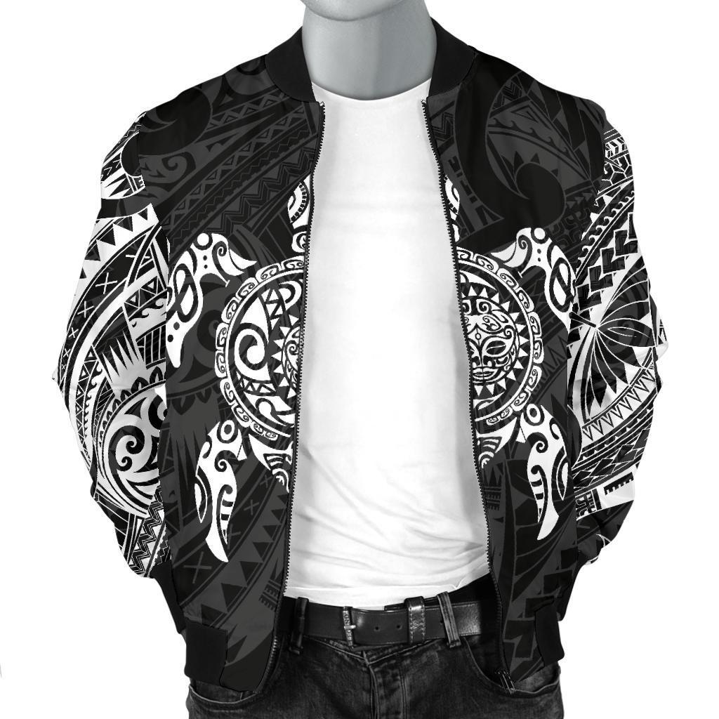 New Zealand Men Bomber Jacket, Maori Turtle Tattoo - White - Vibe Hoodie Shop