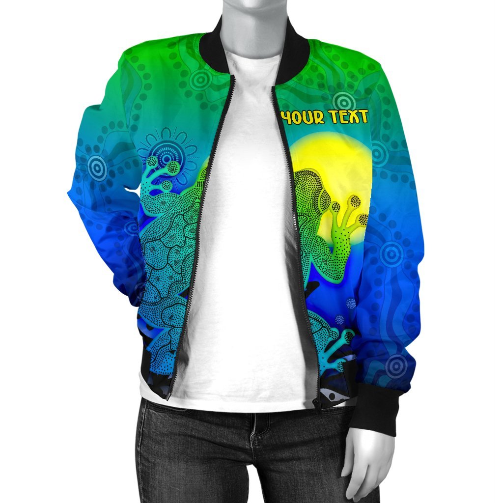 Custom Aboriginal Women's Bomber Jacket - Indigenous Frog (Blue) - Vibe Hoodie Shop