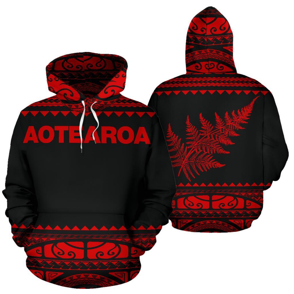 New Zealand Maori Hoodie, Aotearoa Silver Fern Pullover Hoodie - Red - Vibe Hoodie Shop