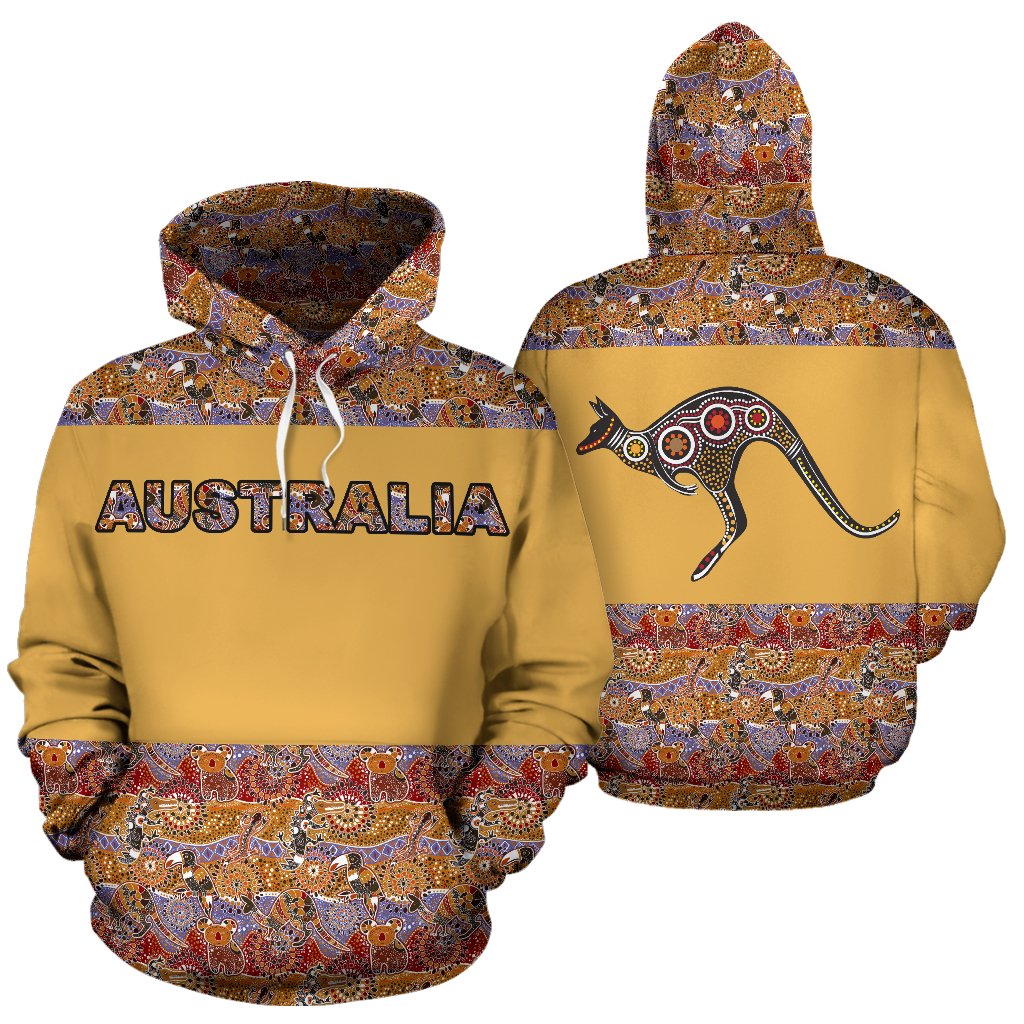 Aboriginal Hoodie, Kangaroo Patterns Koala Kookaburra Australian Animals - Vibe Hoodie Shop