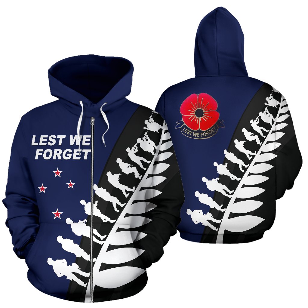 New Zealand Lest We Forget Zip Up Hoodie, Poppies ANZAC Fern Australia Flag Zipper Hoodie - Vibe Hoodie Shop