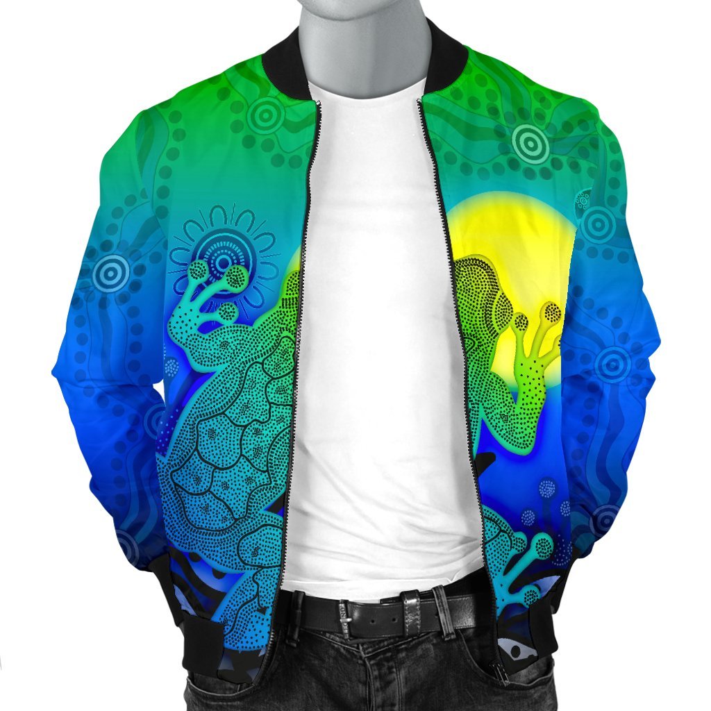 Aboriginal Men's Bomber Jacket - Indigenous Frog (Blue) - Vibe Hoodie Shop