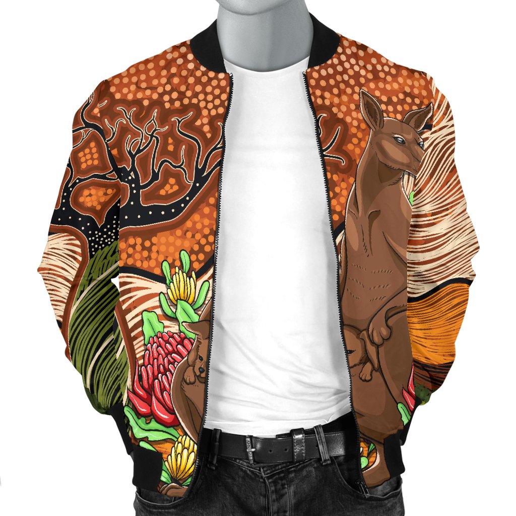 Aboriginal Men's Bomber Jacket - Kangaroo With Indigenous Tree - Vibe Hoodie Shop