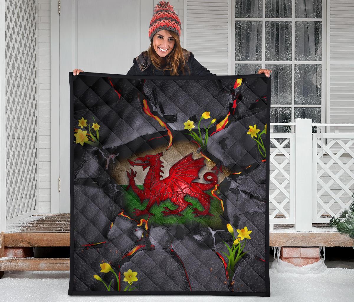 Wales Premium Quilt - Welsh Dragon Daffodil Lava - Vibe Hoodie Shop