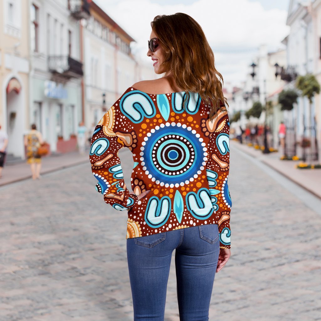 Aboriginal Women's Off Shoulder Sweater - Indigenous Circle Dot Painting Ver02 - Vibe Hoodie Shop