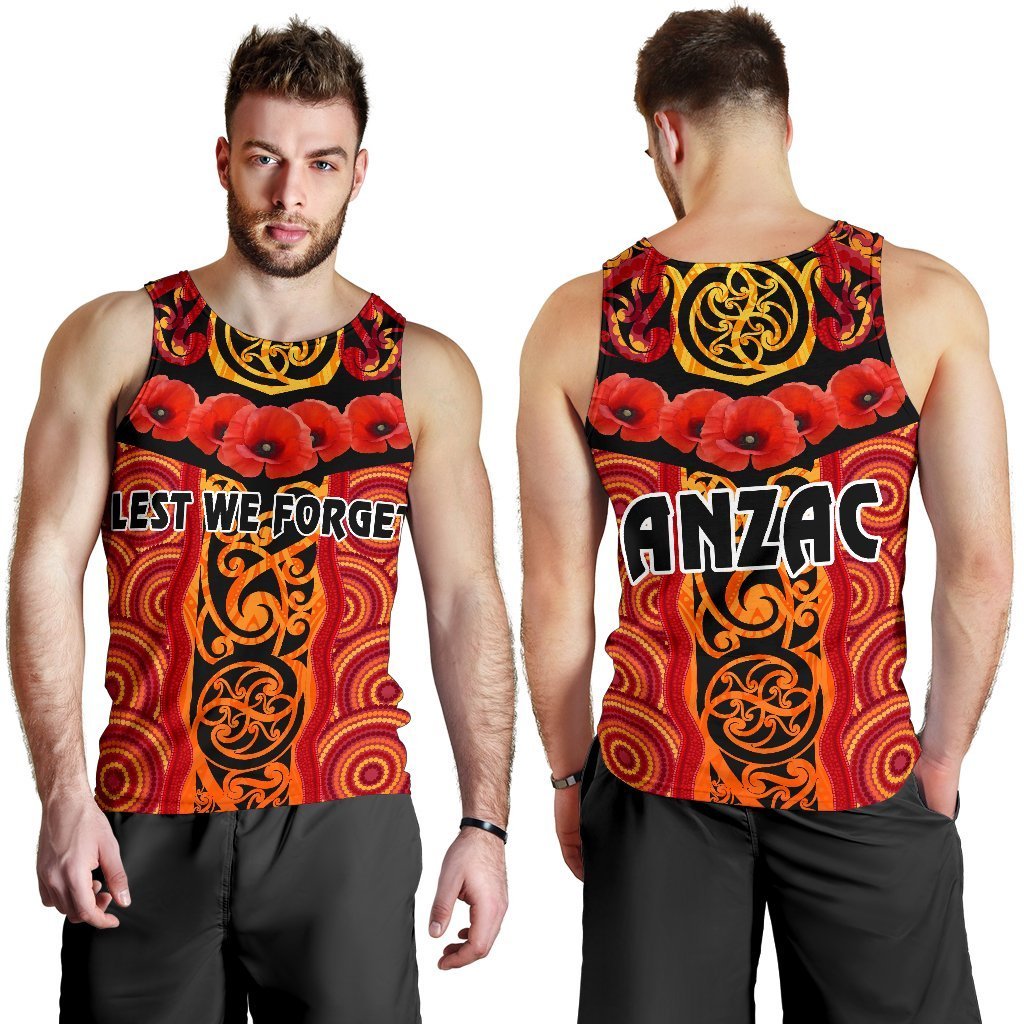 ANZAC Lest We Forget Poppy Men Tank Top New Zealand Maori Silver Fern - Australia Aboriginal - Vibe Hoodie Shop