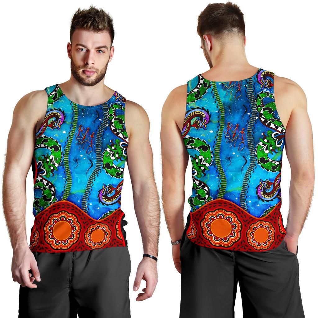 Aboriginal Men's Tank Top - Aussie Indigenous Patterns Blue - Vibe Hoodie Shop