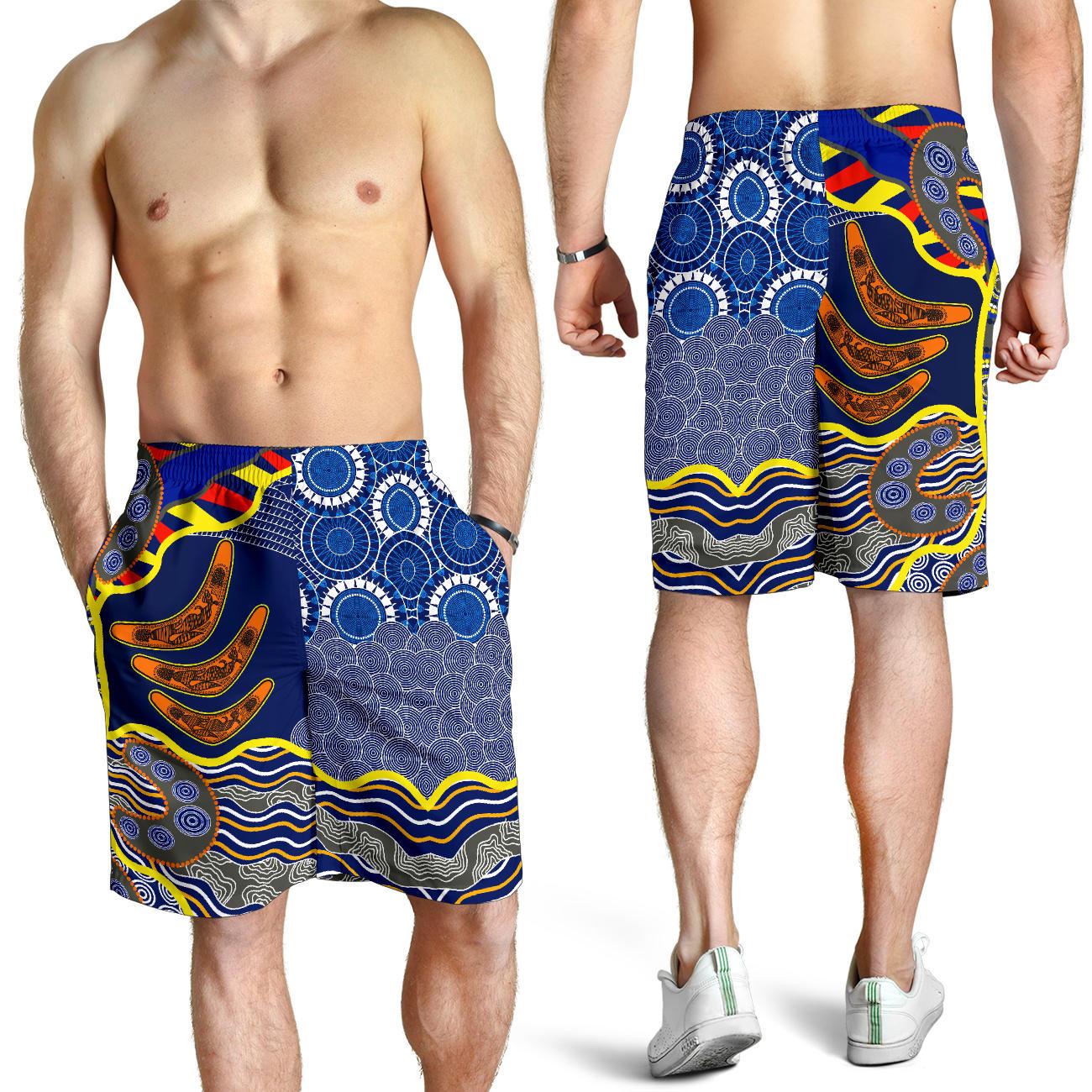 Aboriginal Men's Shorts, Australian Boomerang Dot Painting Art - Vibe Hoodie Shop