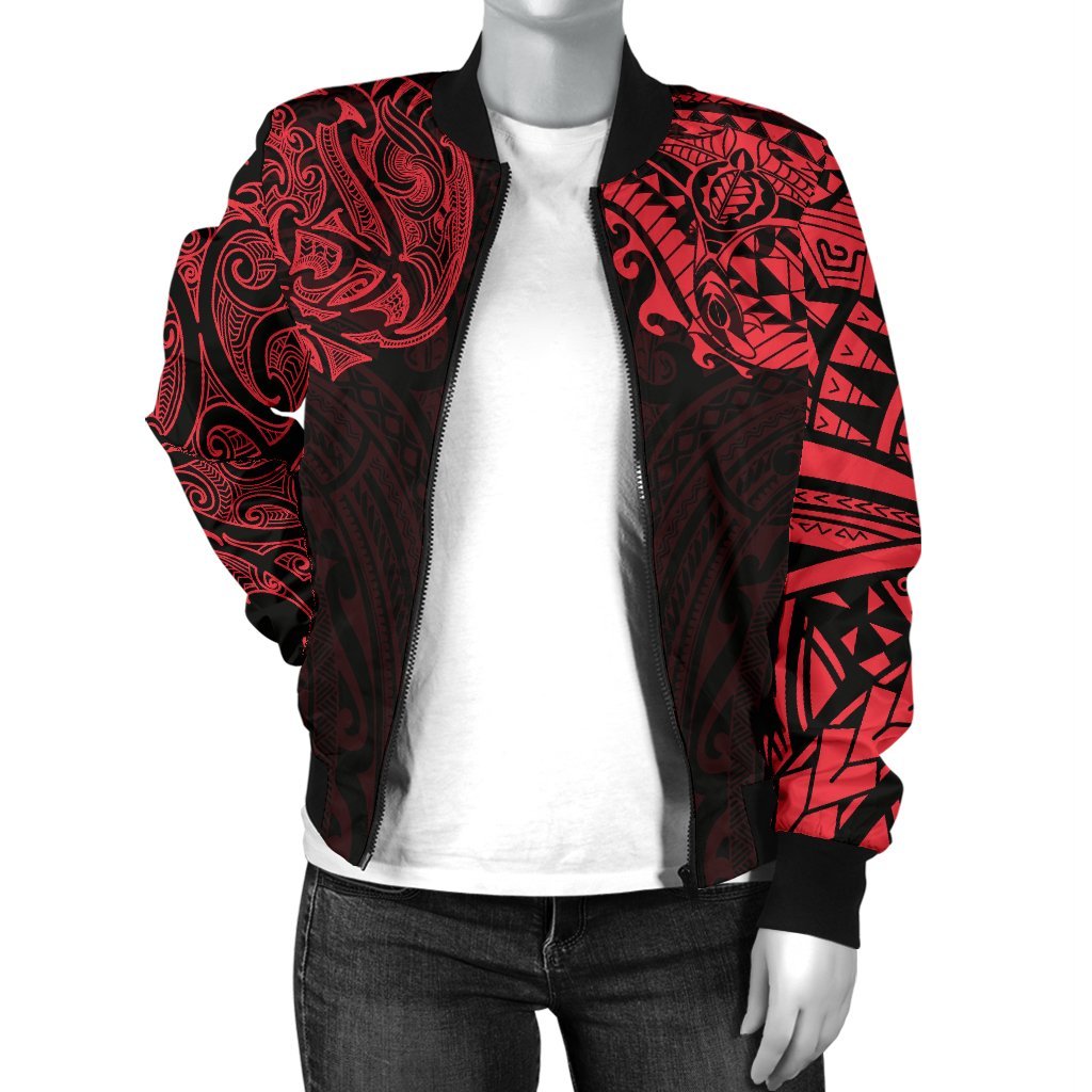 New Zealand Women's Bomber Jacket, Maori Polynesian Tattoo Red - Vibe Hoodie Shop