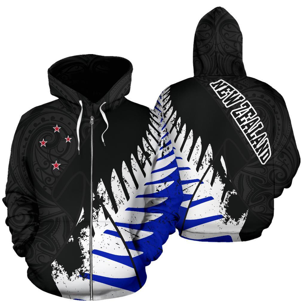 New Zealand Maori Zip Hoodie, Silver Fern Flag Full Zip Hoodie - Vibe Hoodie Shop