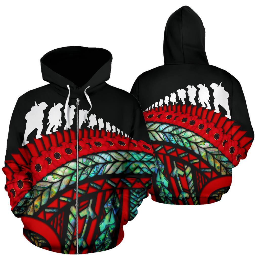 ANZAC New Zealand Zip Hoodie, Poppies Lest We Forget Maori Pullover Hoodie Soldiers Paua - Vibe Hoodie Shop