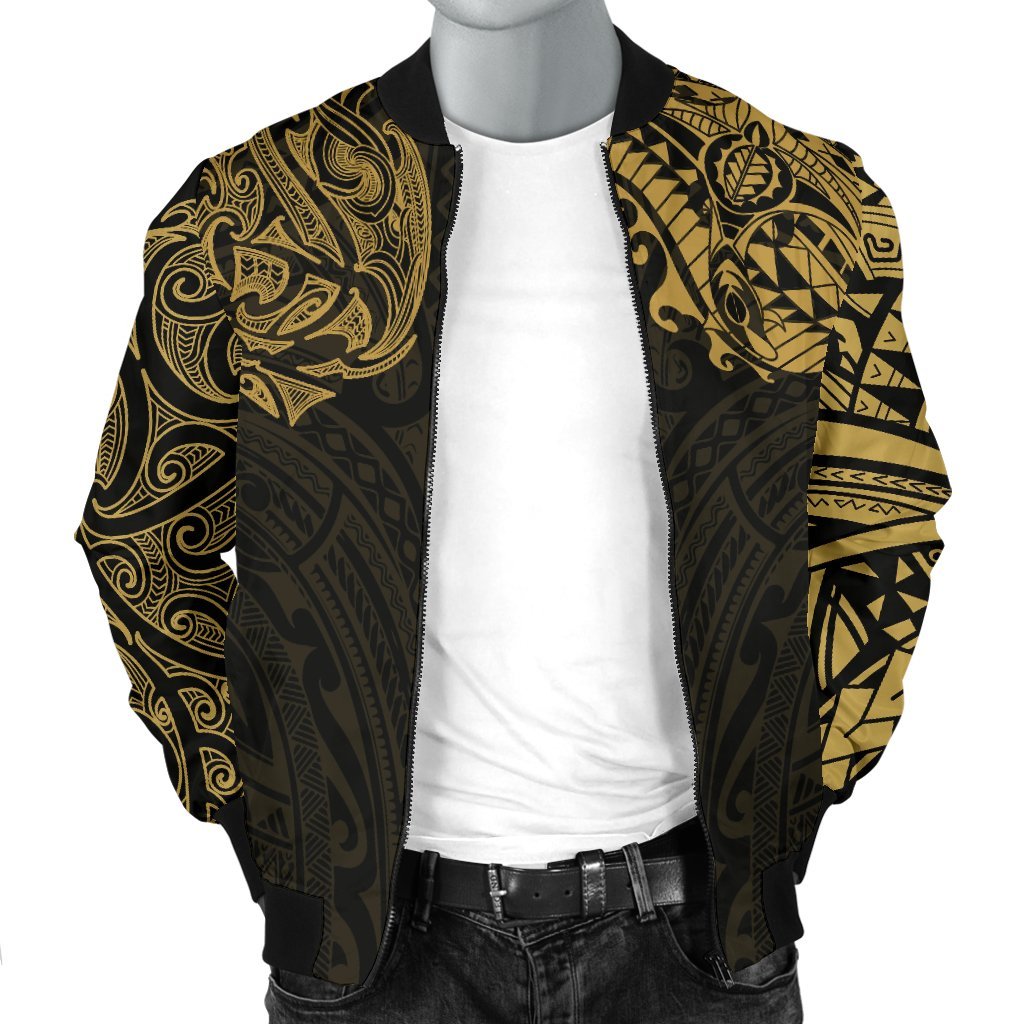 New Zealand Men's Bomber Jacket, Maori Polynesian Tattoo Gold - Vibe Hoodie Shop