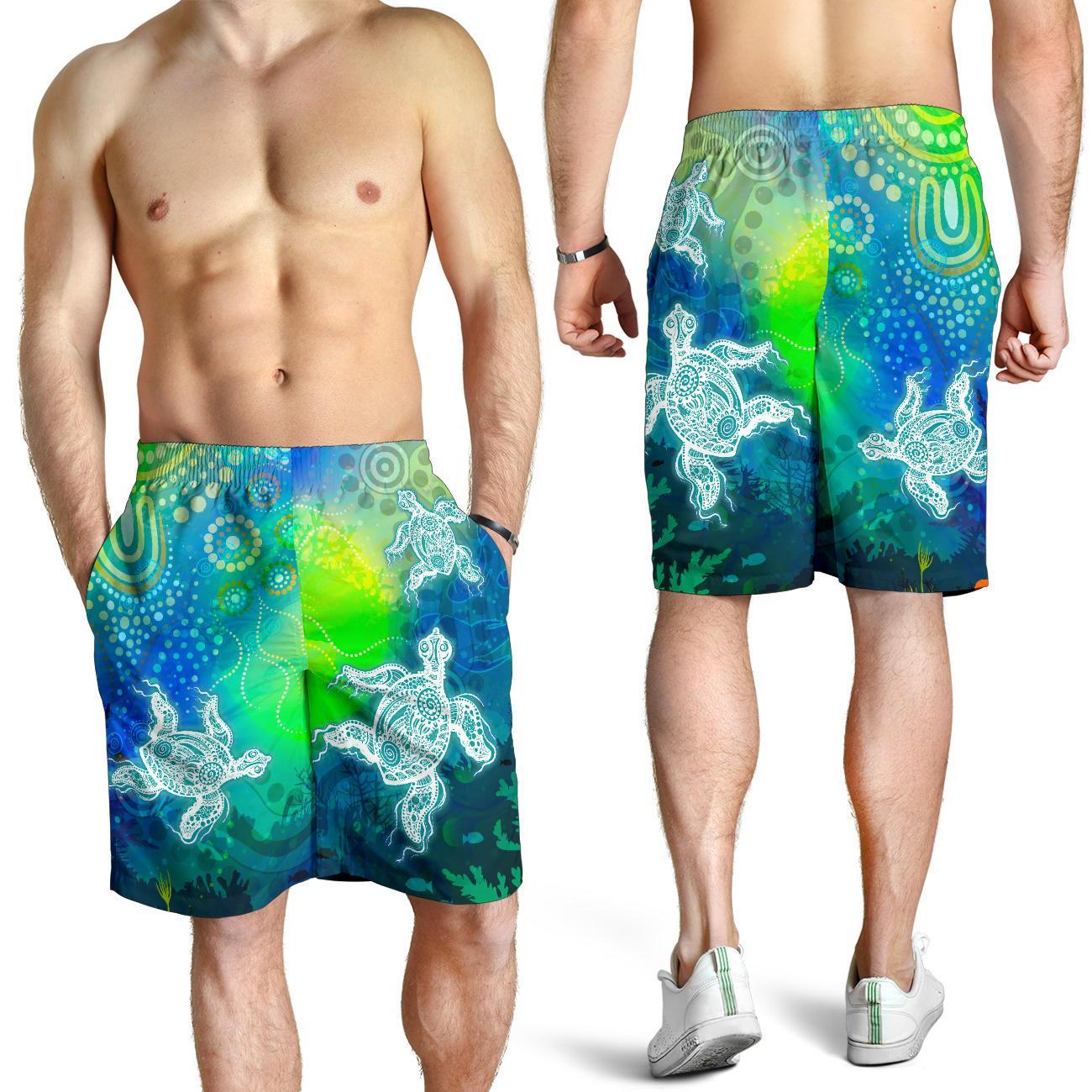 Aboriginal Men's Shorts - Indigenous Turtle Ocean Dot Painting Art - Vibe Hoodie Shop