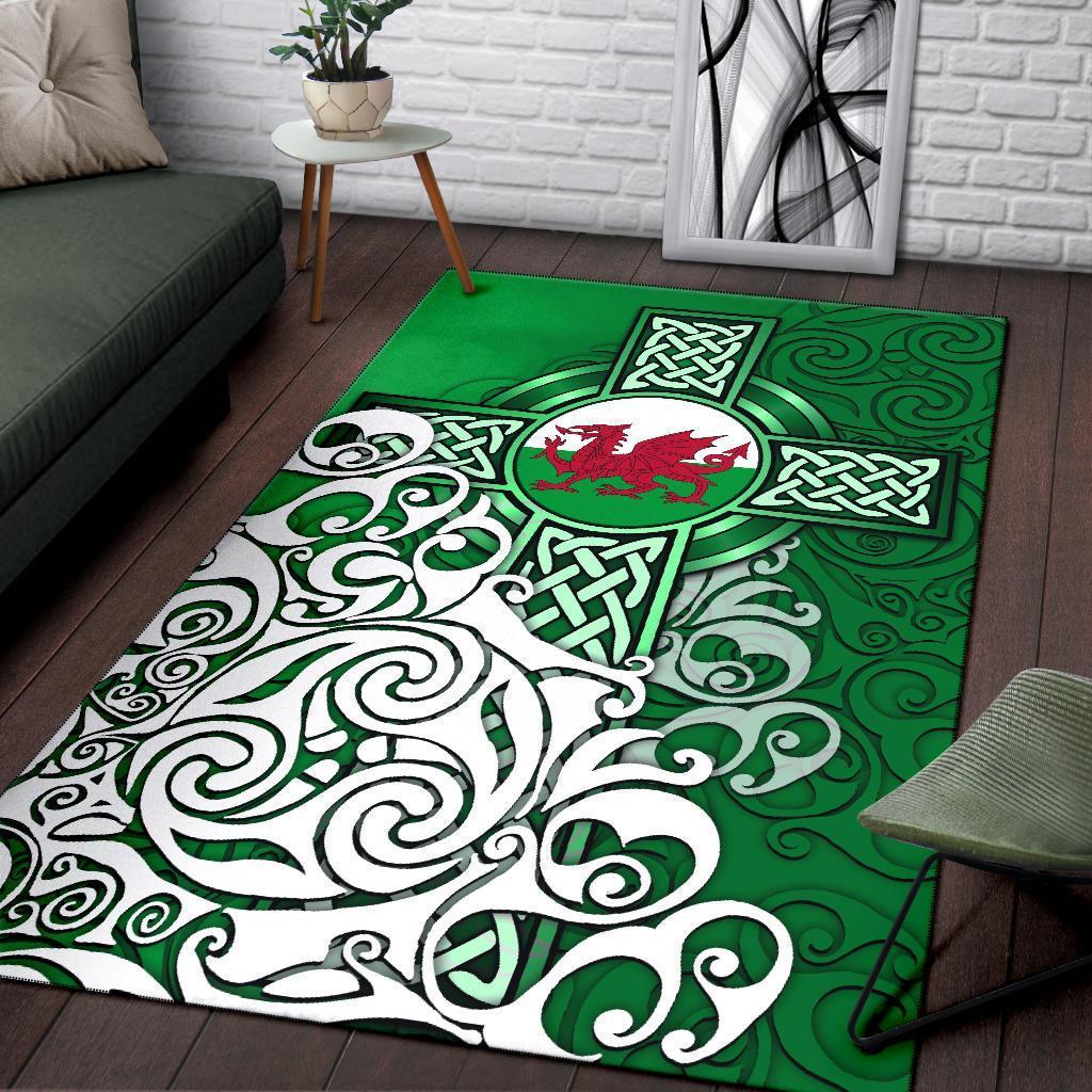 Wales Celtic Area Rug - Welsh Dragon Flag with Celtic Cross (Green) - Vibe Hoodie Shop