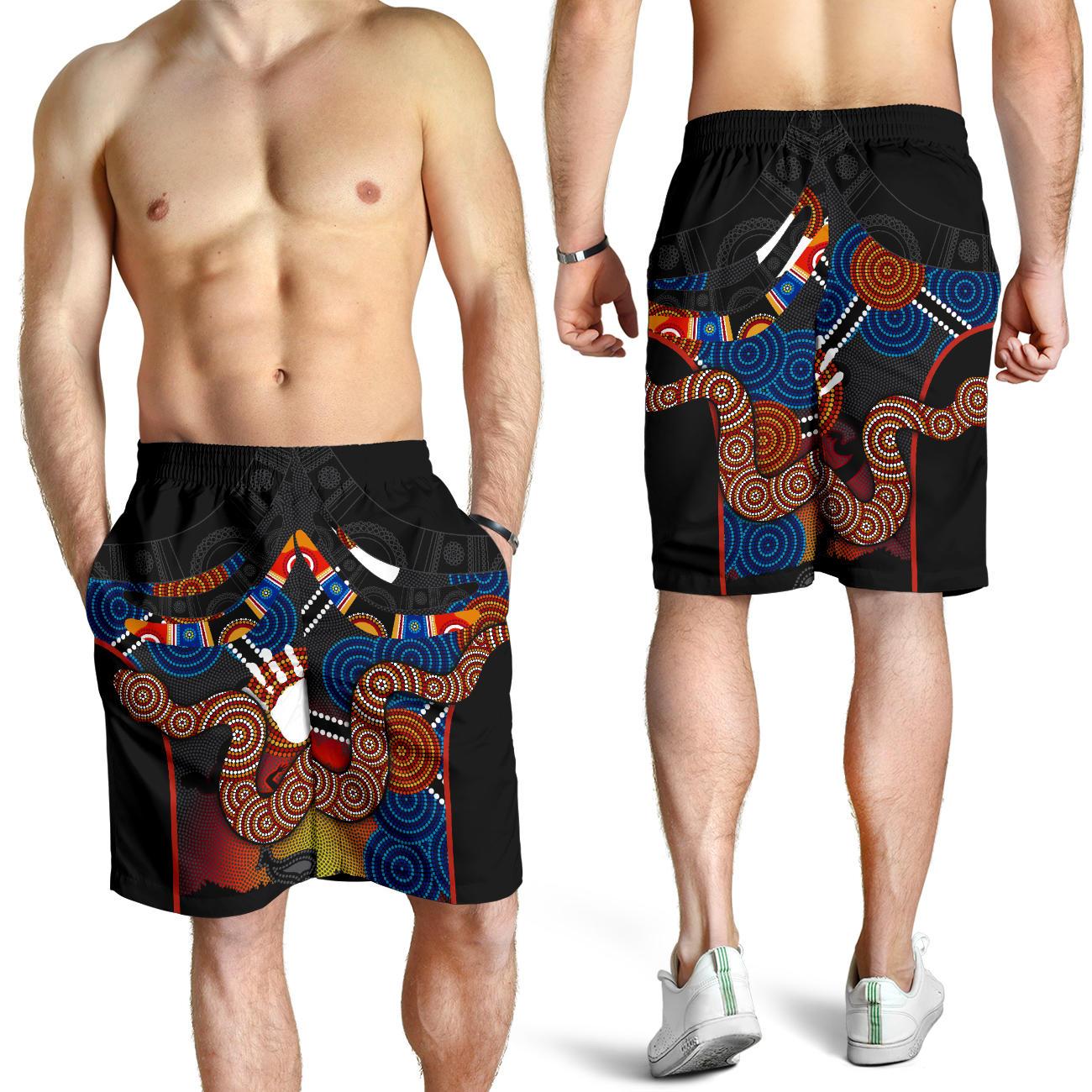 Aboriginal Men's Shorts, Australian Boomerang and Snake Indigenous Art - Vibe Hoodie Shop