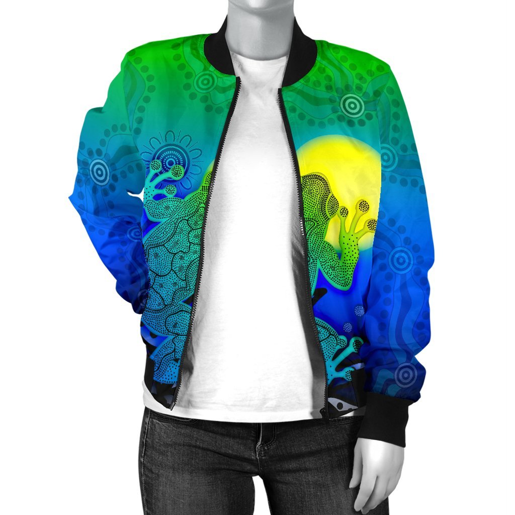 Aboriginal Women's Bomber Jacket - Indigenous Frog (Blue) - Vibe Hoodie Shop