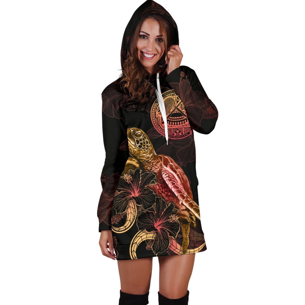 American Samoa Polynesian Hoodie Dress - Turtle With Blooming Hibiscus Gold - Vibe Hoodie Shop