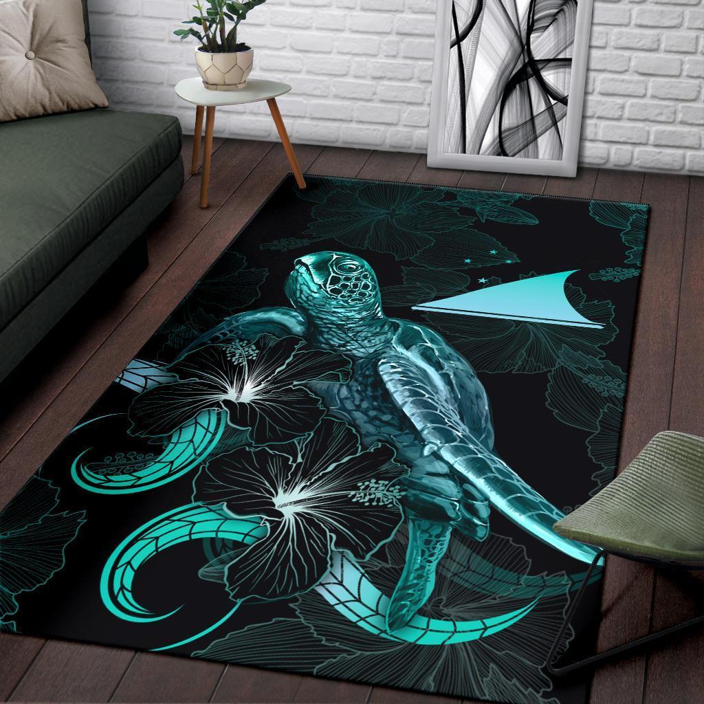 Tokelau Polynesian Area Rugs - Turtle With Blooming Hibiscus Turquoise - Vibe Hoodie Shop