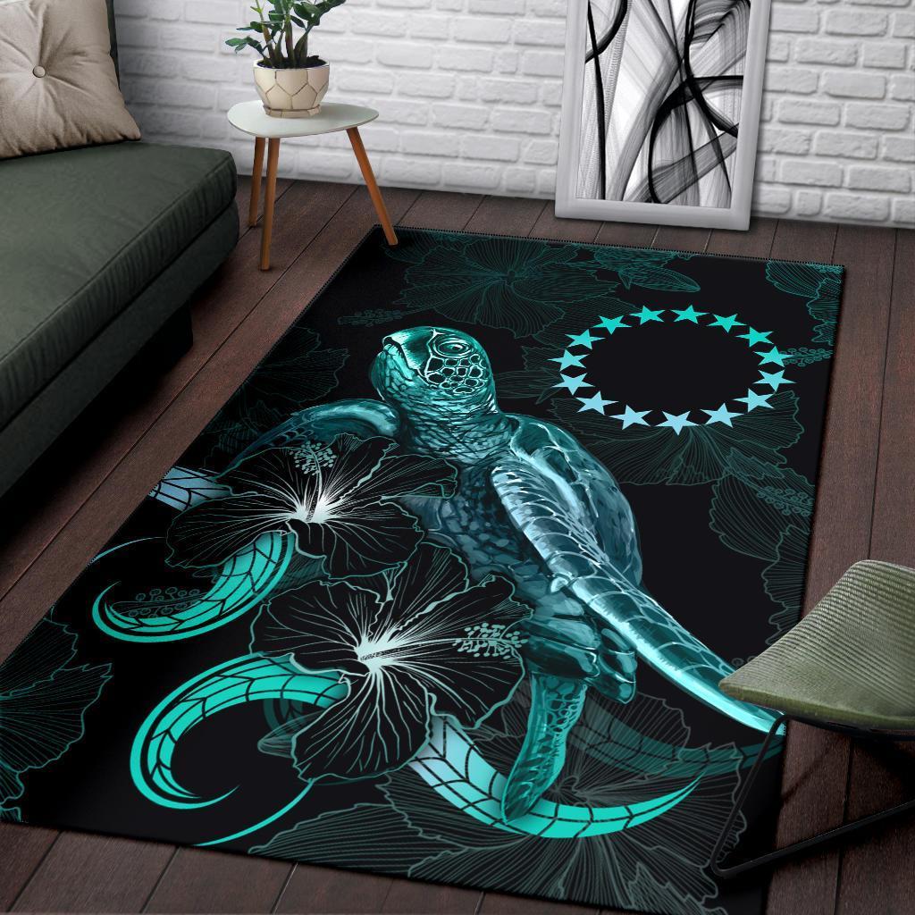 Cook Islands Polynesian Area Rugs - Turtle With Blooming Hibiscus Turquoise - Vibe Hoodie Shop