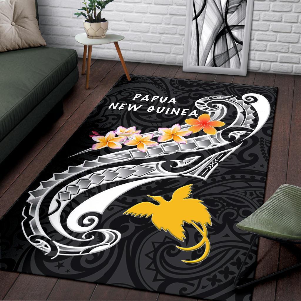 Papua New Guinea Area Rug - PNG Seal Polynesian Patterns Plumeria (Black) - Vibe Hoodie Shop