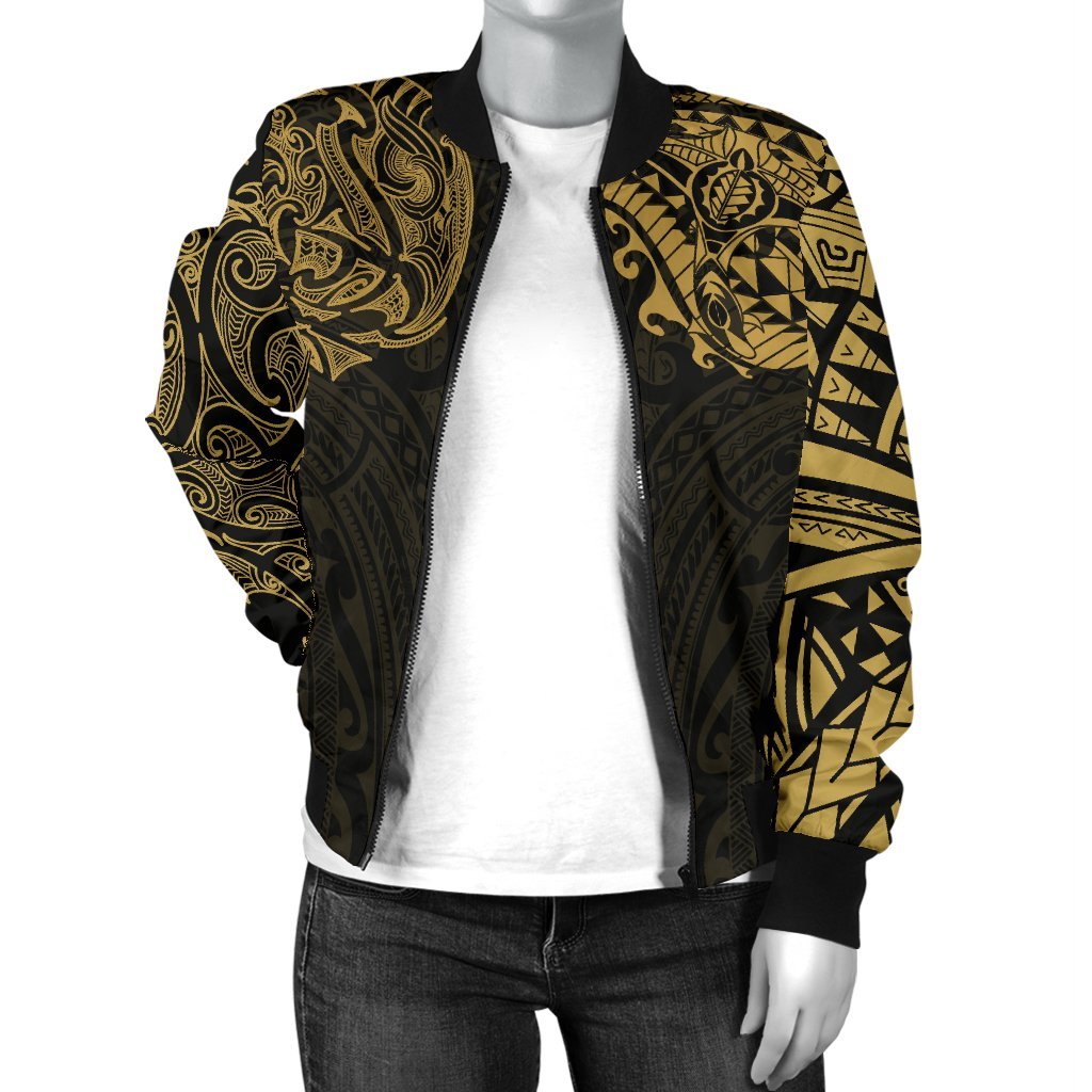 New Zealand Women's Bomber Jacket, Maori Polynesian Tattoo Gold - Vibe Hoodie Shop