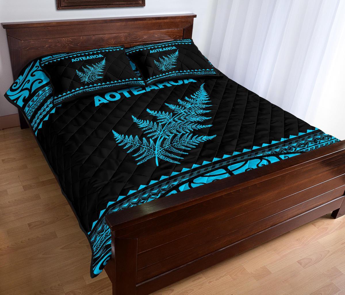 Aotearoa New Zealand Maori Quilt Bed Set Silver Fern Blue - Vibe Hoodie Shop