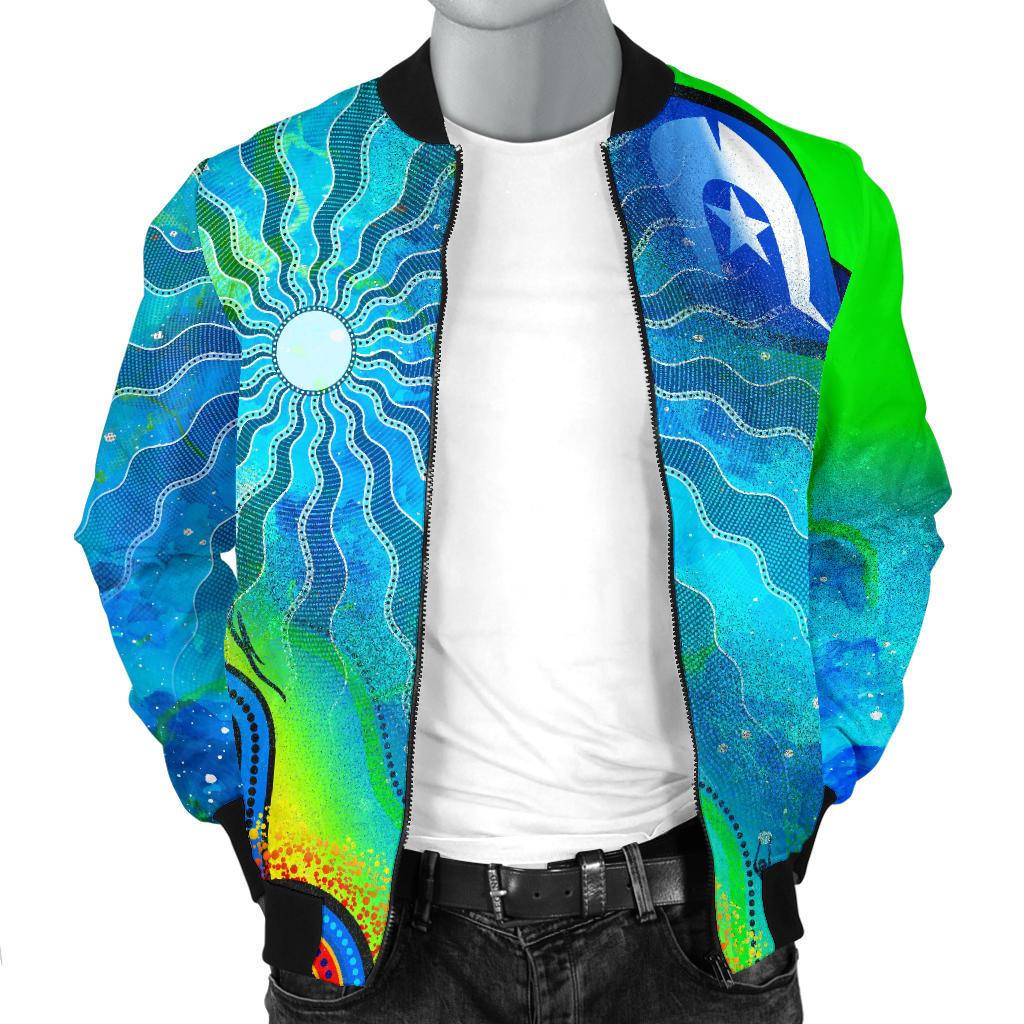 Men's Bomber Jacket - Torres Strait Islanders Flag with Aboriginal Patterns Jacket - Vibe Hoodie Shop