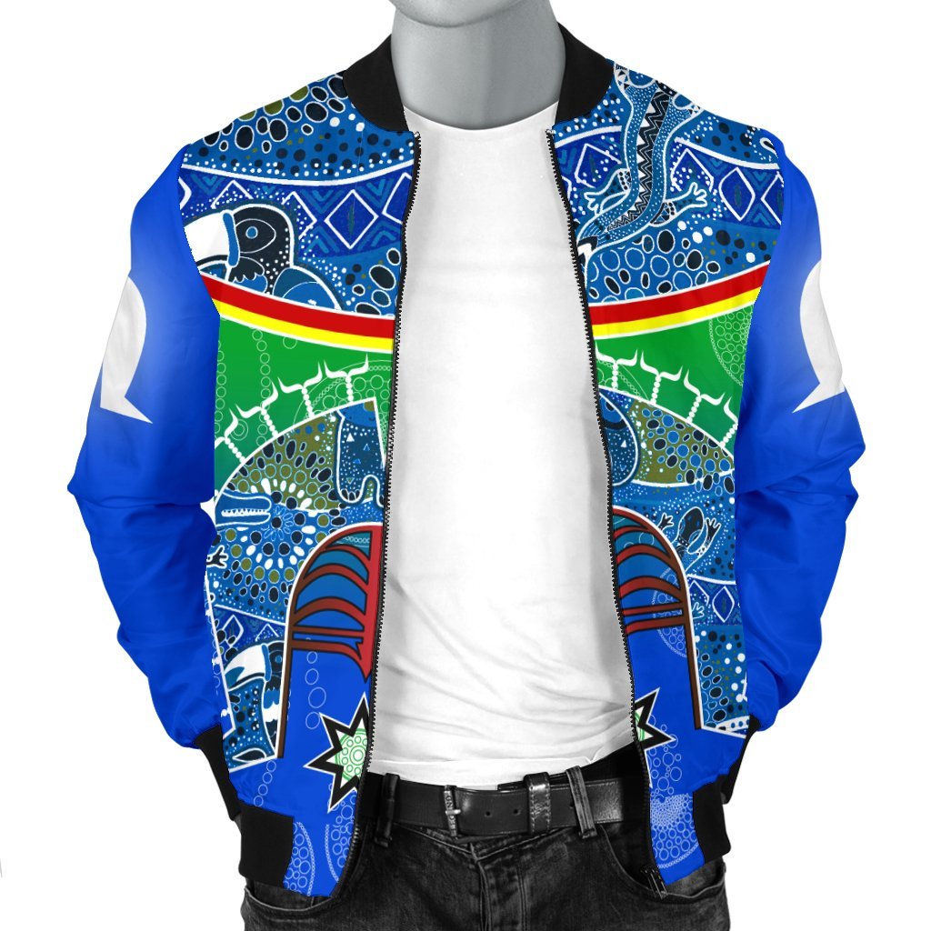 Men;s Bomber Jacket - Torres Strait Symbol With Aboriginal Patterns - Vibe Hoodie Shop