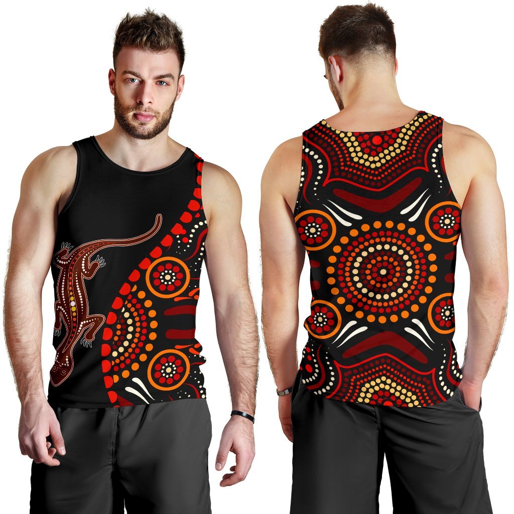 Aboriginal Men's Tank Top - Aboriginal Lizard With Dot Painting Patterns - Vibe Hoodie Shop