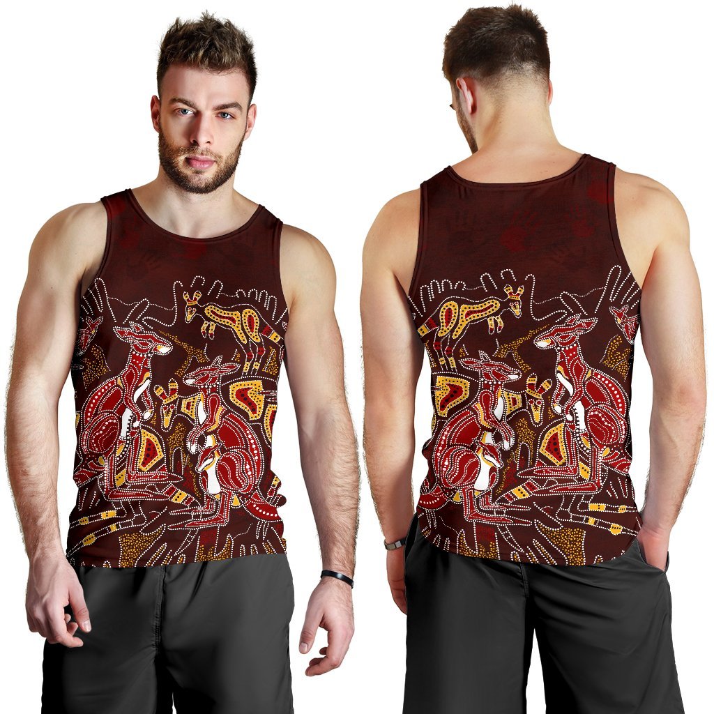 Aboriginal Men's Tank Top - Kangaroo family with Hand Art - Vibe Hoodie Shop