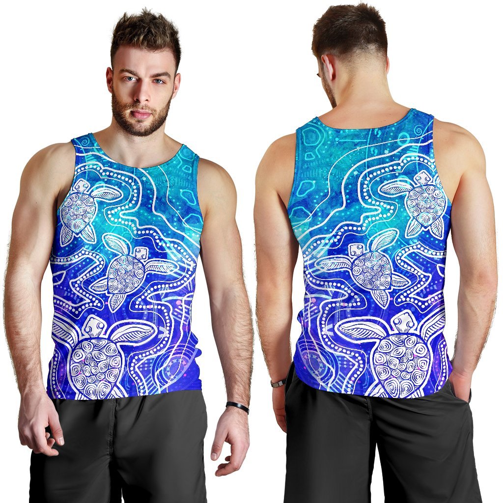 Aboriginal Men's Tank Top - Sea Turtle With Indigenous Patterns (Blue) - Vibe Hoodie Shop