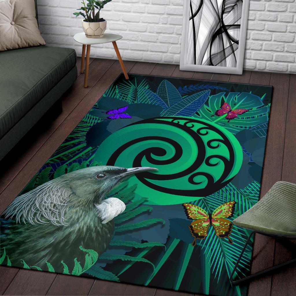 New Zealand Area Rug Koru Fern Mix Tui Bird - Tropical Floral Turquoise - Vibe Hoodie Shop