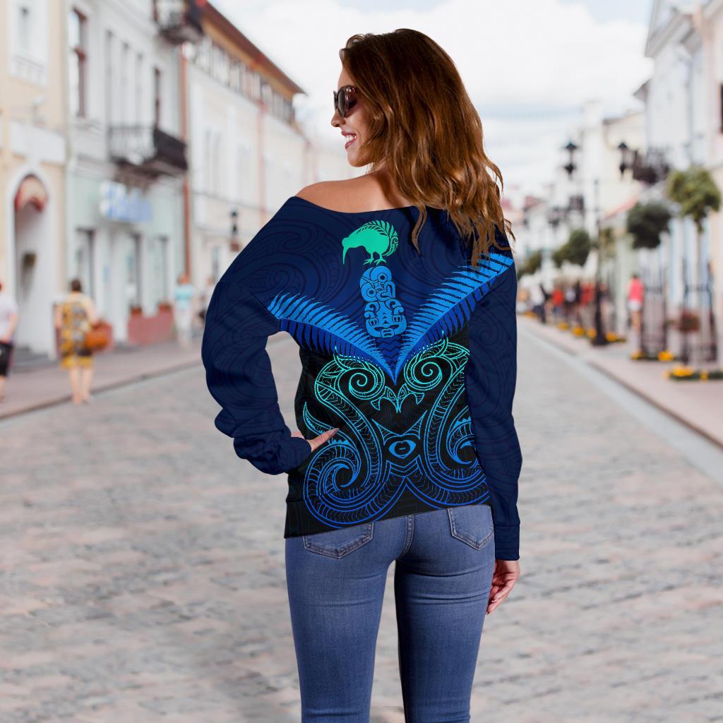 Maori Manaia New Zealand Off Shoulder Sweater Blue - Vibe Hoodie Shop