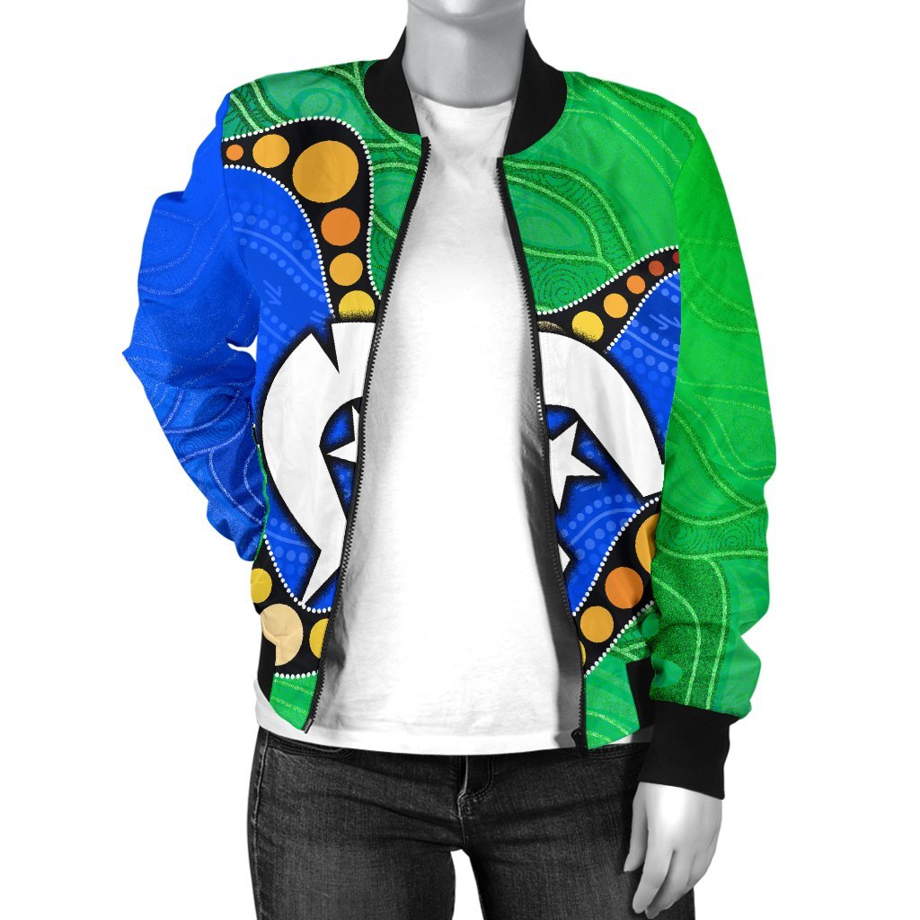 Torres Strait Islands Women's Bomber Jacket - Flag with Aboriginal Patterns - Vibe Hoodie Shop