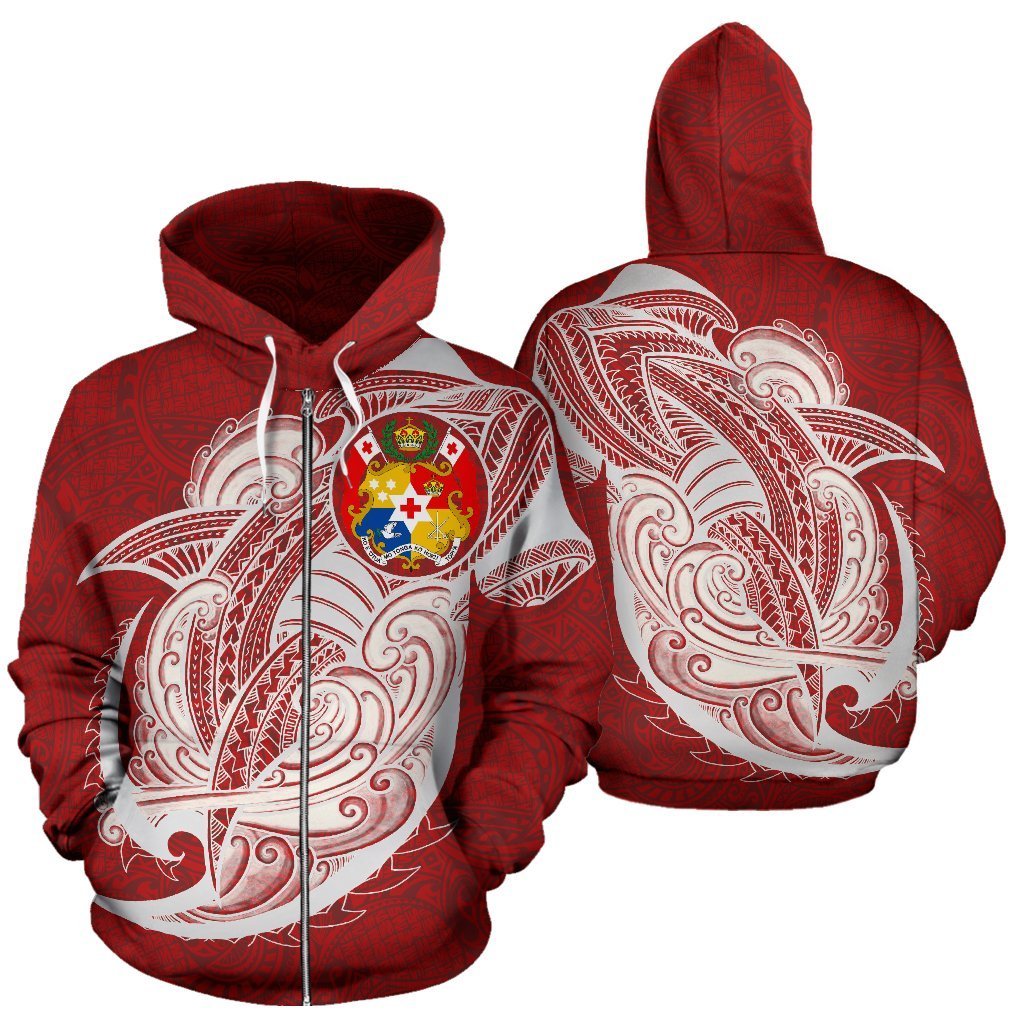 Zip Up Hoodie Tonga - Polynesian Shark Pattern Red Color - Vibe Hoodie Shop