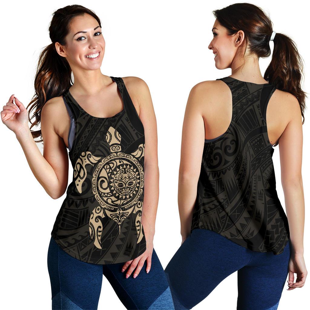 New Zealand Women Racerback Tank, Maori Turtle Tattoo - Gold - Vibe Hoodie Shop