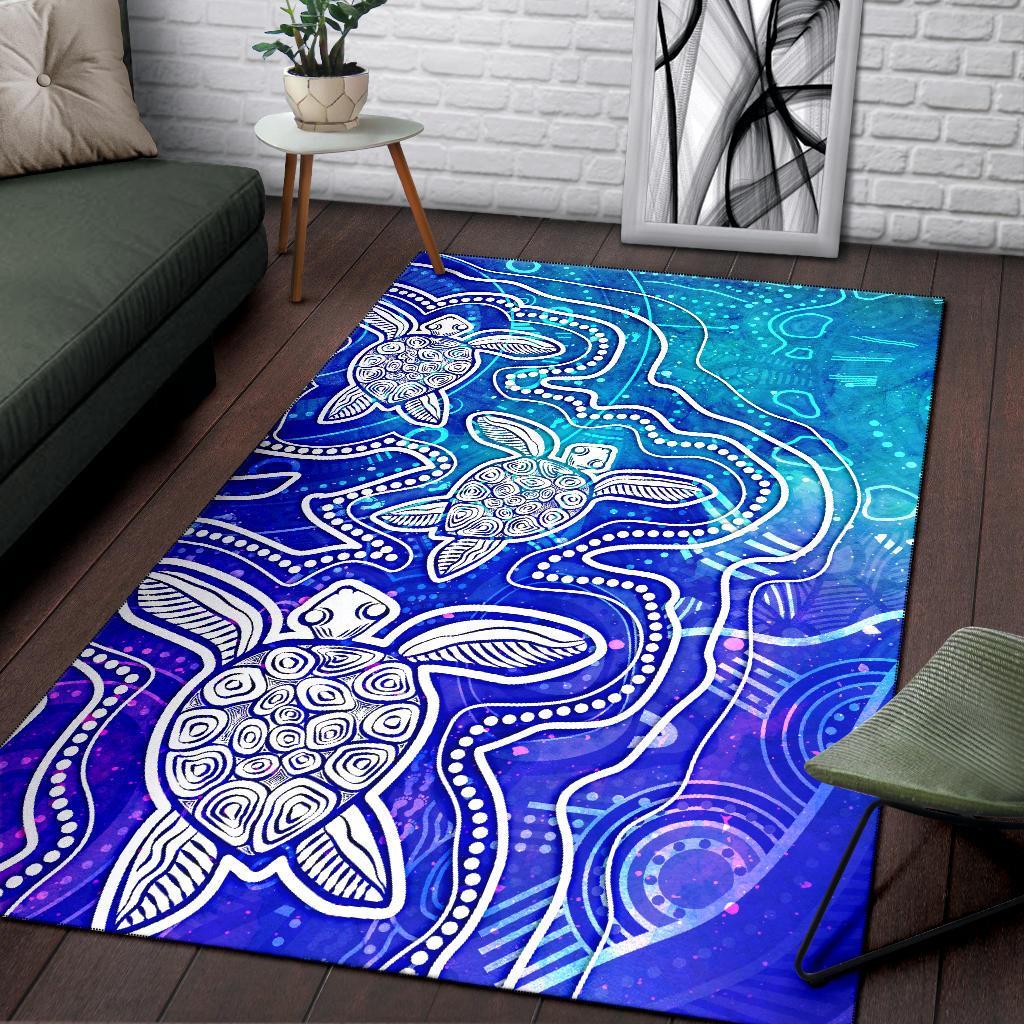 Aboriginal Area Rug - Sea Turtle With Indigenous Patterns (Blue) - Vibe Hoodie Shop