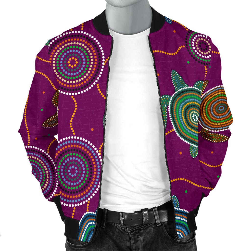 Men Bomber Jacket - Aboriginal Turtle Purple Australia Dot Patterns - Vibe Hoodie Shop