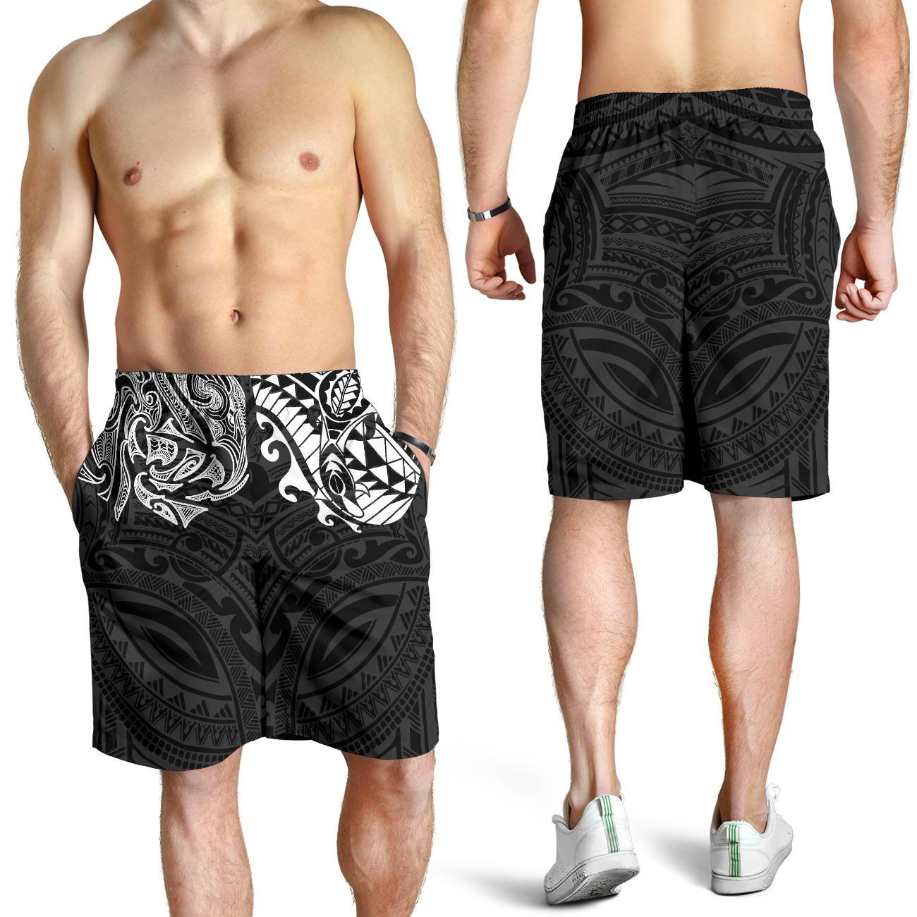 New Zealand All Over Print Men's Shorts, Maori Polynesian Tattoo White - Vibe Hoodie Shop