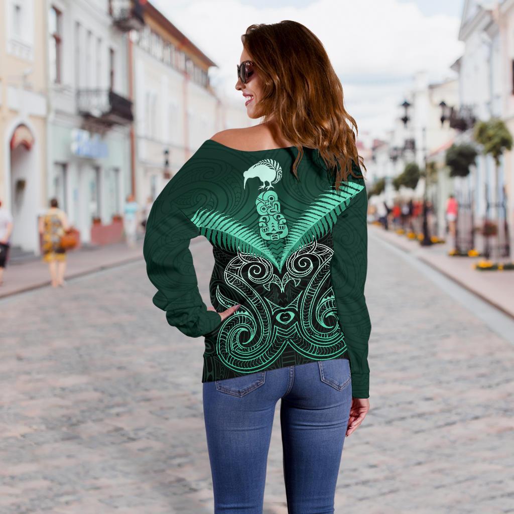 Maori Manaia New Zealand Off Shoulder Sweater Turquoise - Vibe Hoodie Shop