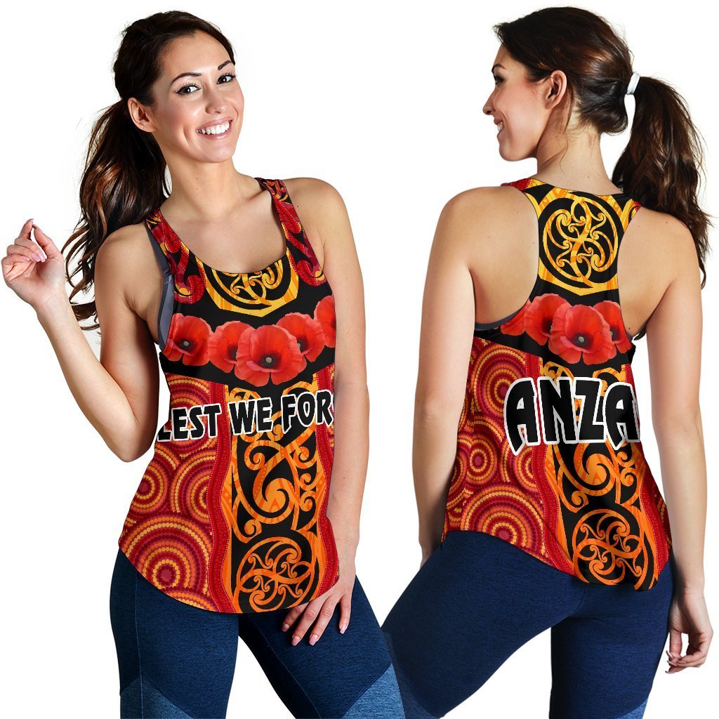 ANZAC Lest We Forget Poppy Women Racerback Tank New Zealand Maori Silver Fern - Australia Aboriginal - Vibe Hoodie Shop