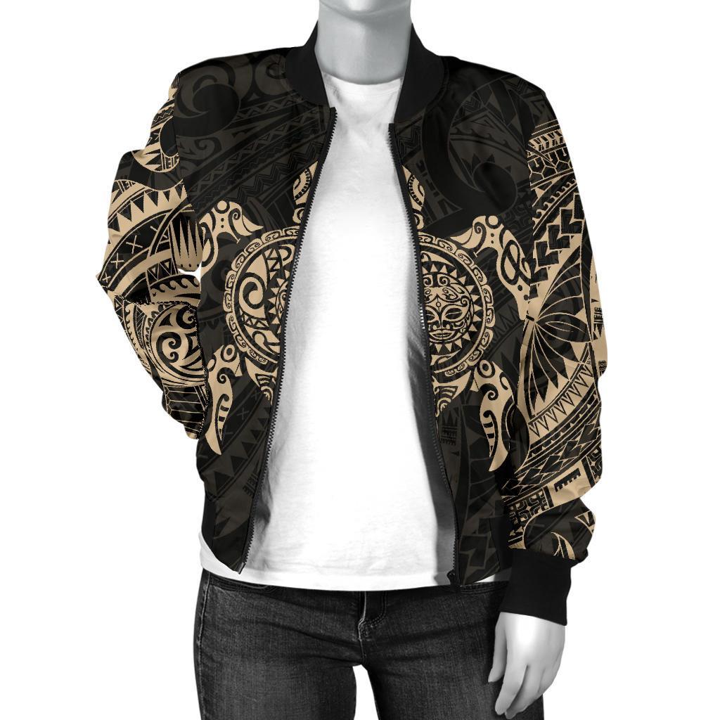 New Zealand Women Bomber Jacket, Maori Turtle Tattoo - Gold - Vibe Hoodie Shop