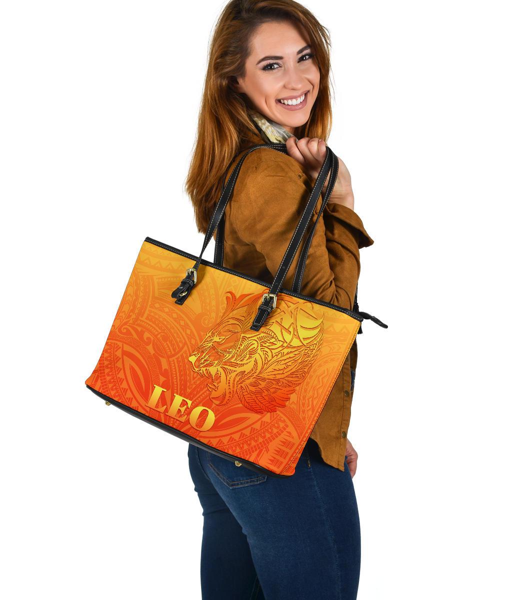 sun-in-leo-zodiac-large-leather-tote-polynesian-tattoo-simple-orange