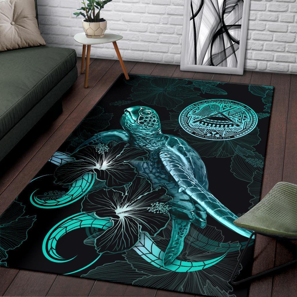 American Samoa Polynesian Area Rugs - Turtle With Blooming Hibiscus Turquoise - Vibe Hoodie Shop