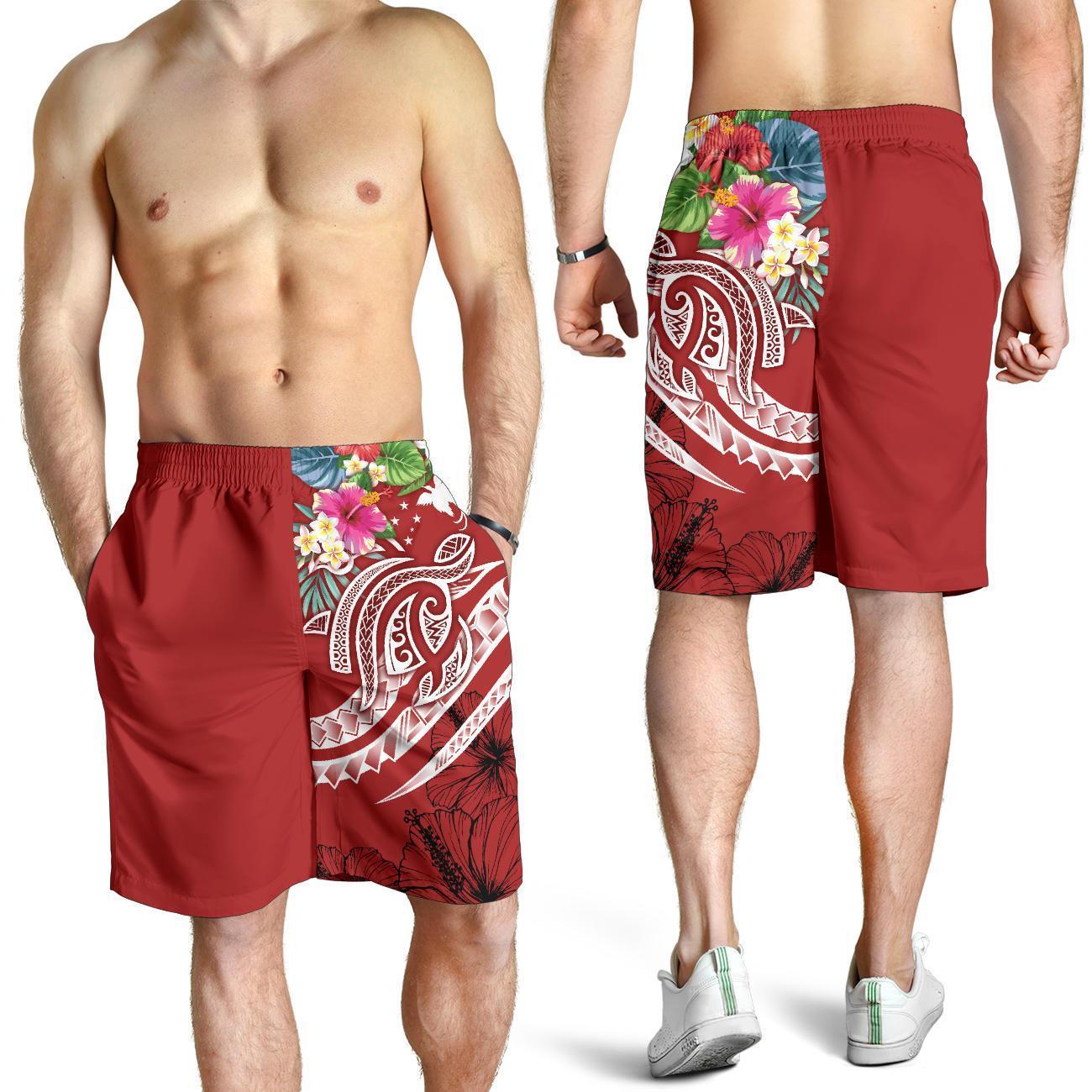 Papua New Guinea Polynesian Men's Shorts - Summer Plumeria (Red) - Vibe Hoodie Shop