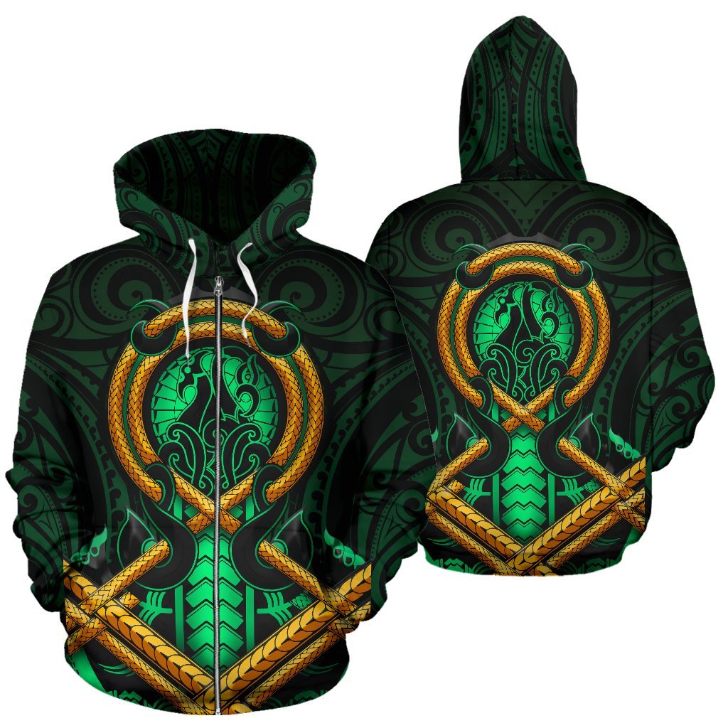 Maori New Zealand All Over Zip - Up Hoodie Manaia Green - Vibe Hoodie Shop